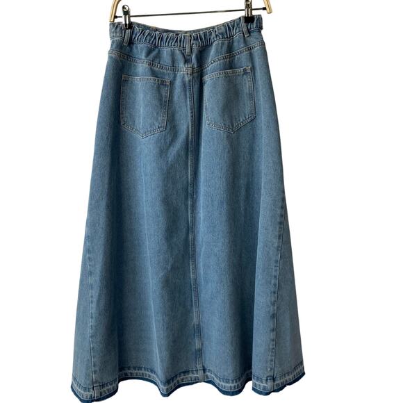 DR2 Daniel Rainn A-line Denim Maxi Skirt Women M Acid Wash Blue Raw Hem‎ NWT - Picture 2 of 11